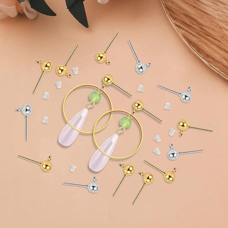 Oubaka 120Pcs Hypoallergenic Ball Studs for Jewelry Making,Round Ball Earring Posts Balls Post Earring Studs with Loop and 200Pcs Clear Earring Backs for DIY Jewelry Making(KC Gold and White K) - Image 4